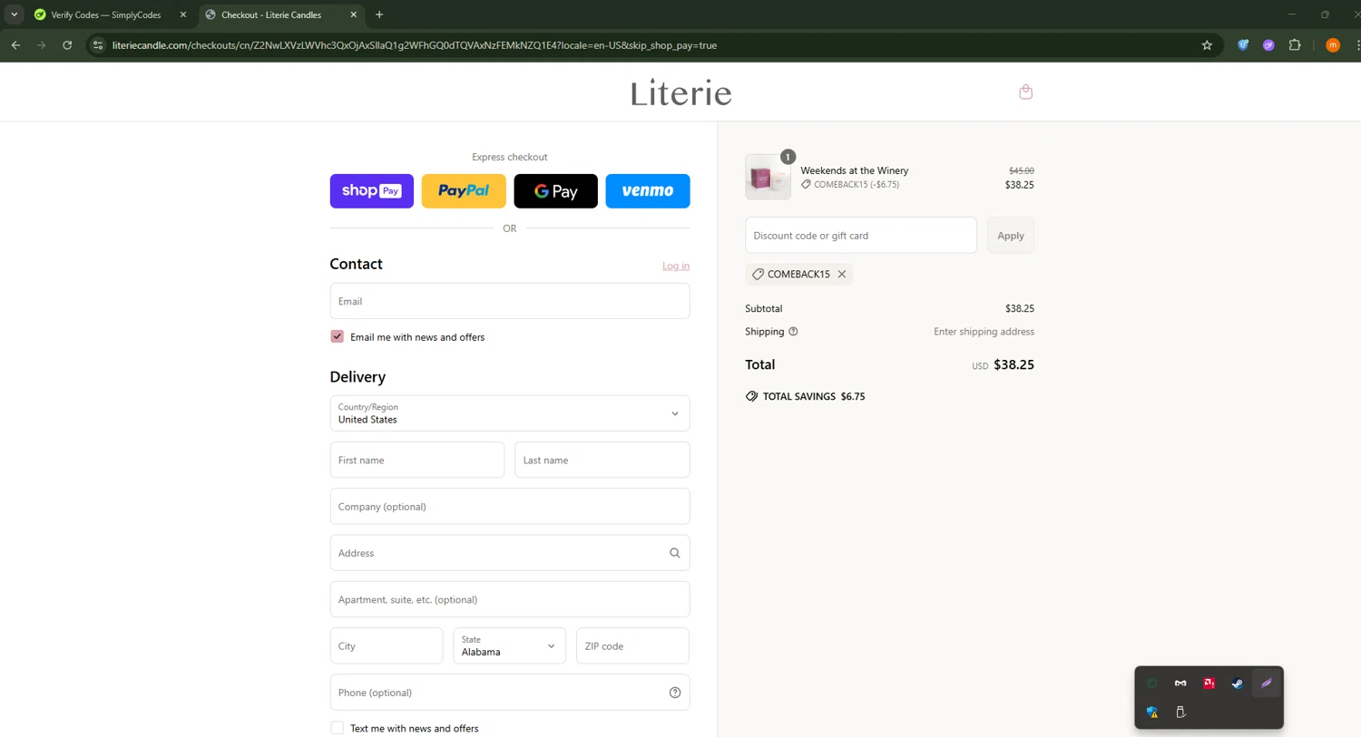 Literie Candle promo code screenshot showing code COMEBACK15 applied at Literie Candle checkout page. Uploaded by SimplyCodes community member Davoxeneixe on Jun 30, 2025