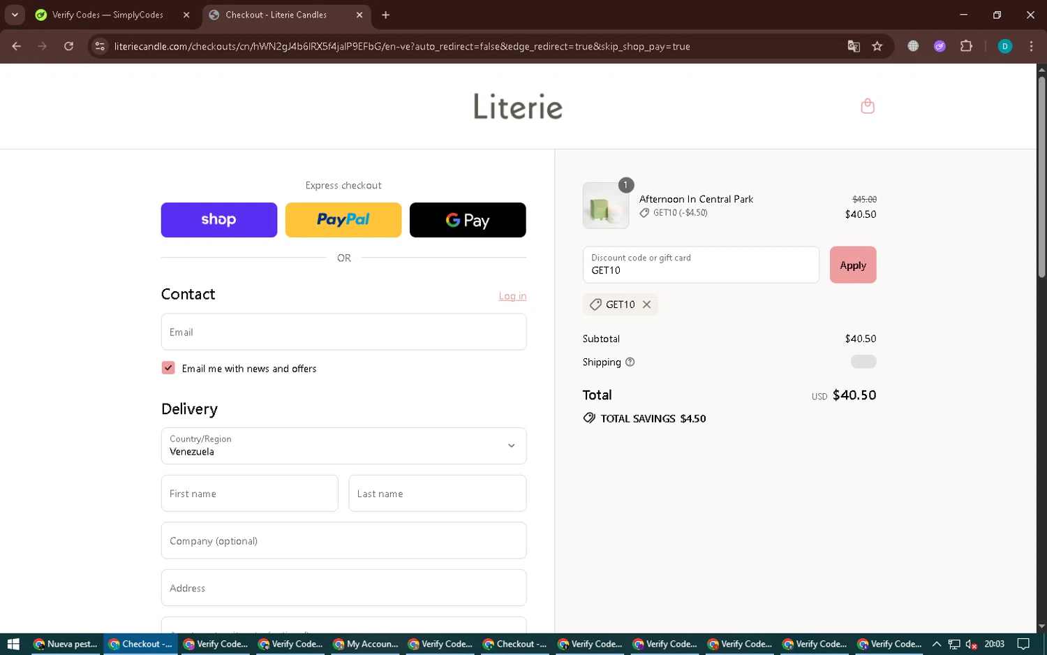 Literie Candle promo code screenshot showing code GET10 applied at Literie Candle checkout page. Uploaded by SimplyCodes community member BonusPilot3825 on Sep 7, 2025