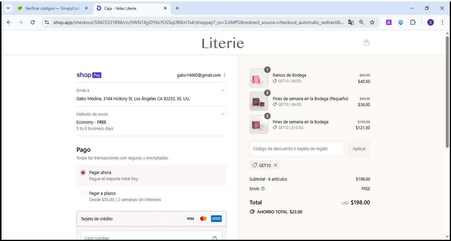 Literie Candle promo code screenshot showing code GET10 applied at Literie Candle checkout page. Uploaded by SimplyCodes community member Theking on Aug 8, 2025