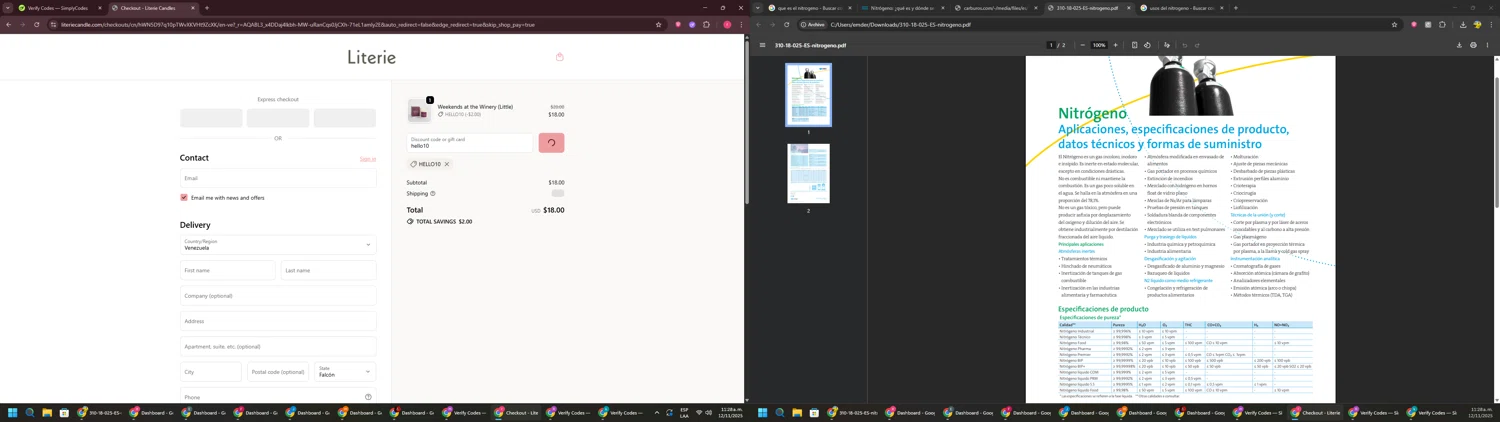 Literie Candle promo code screenshot showing code hello10 applied at Literie Candle checkout page. Uploaded by SimplyCodes community member CouponSage7331 on Nov 12, 2025