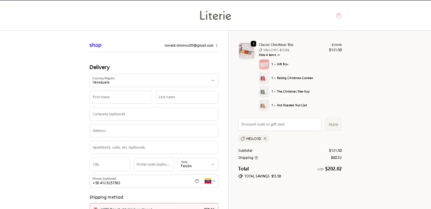 Literie Candle promo code screenshot showing code hello10 applied at Literie Candle checkout page. Uploaded by SimplyCodes community member PennySage5996 on Nov 22, 2025