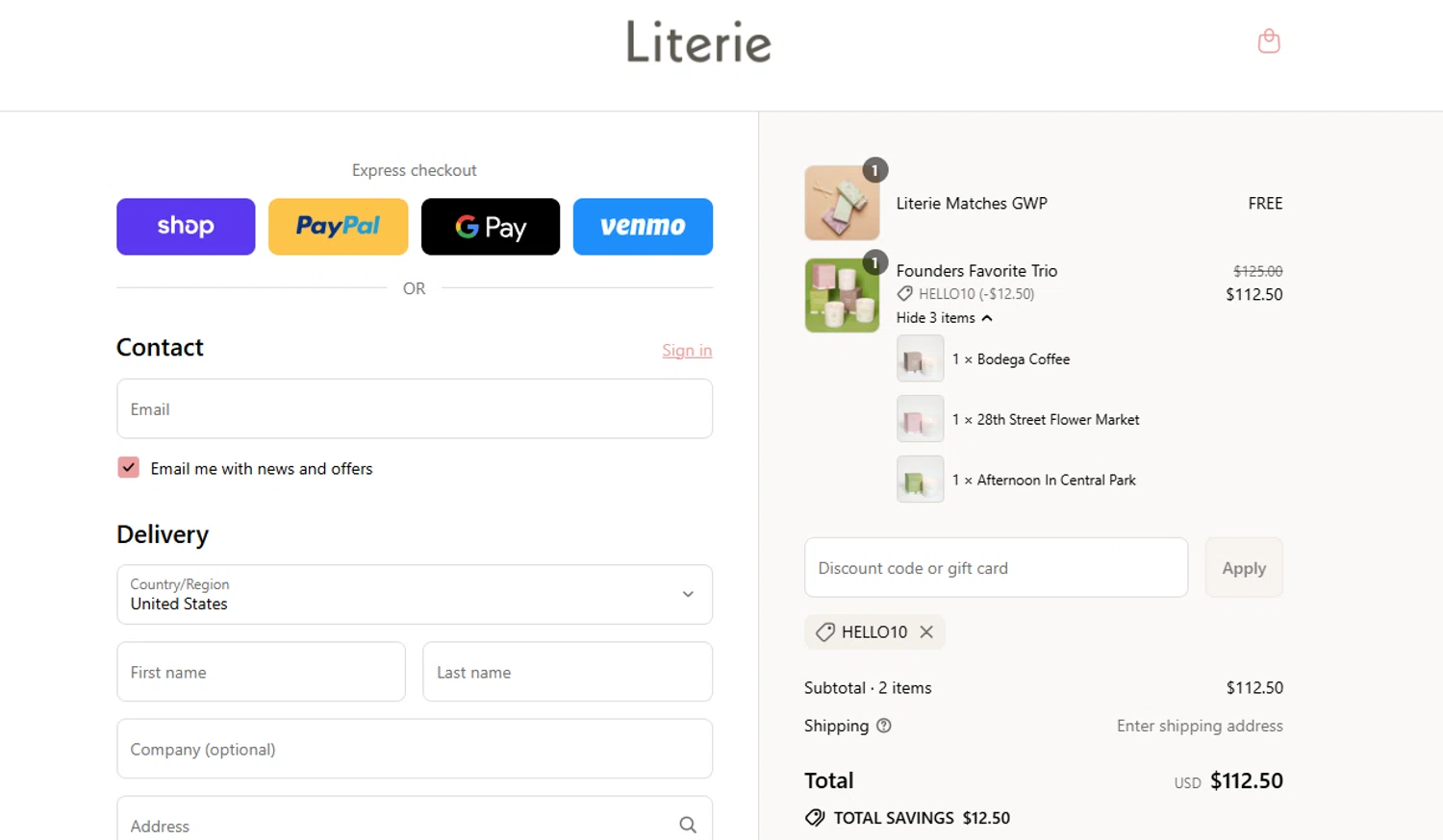 Literie Candle promo code screenshot showing code hello10 applied at Literie Candle checkout page. Uploaded by SimplyCodes community member QuestNavigator1687 on Sep 10, 2025