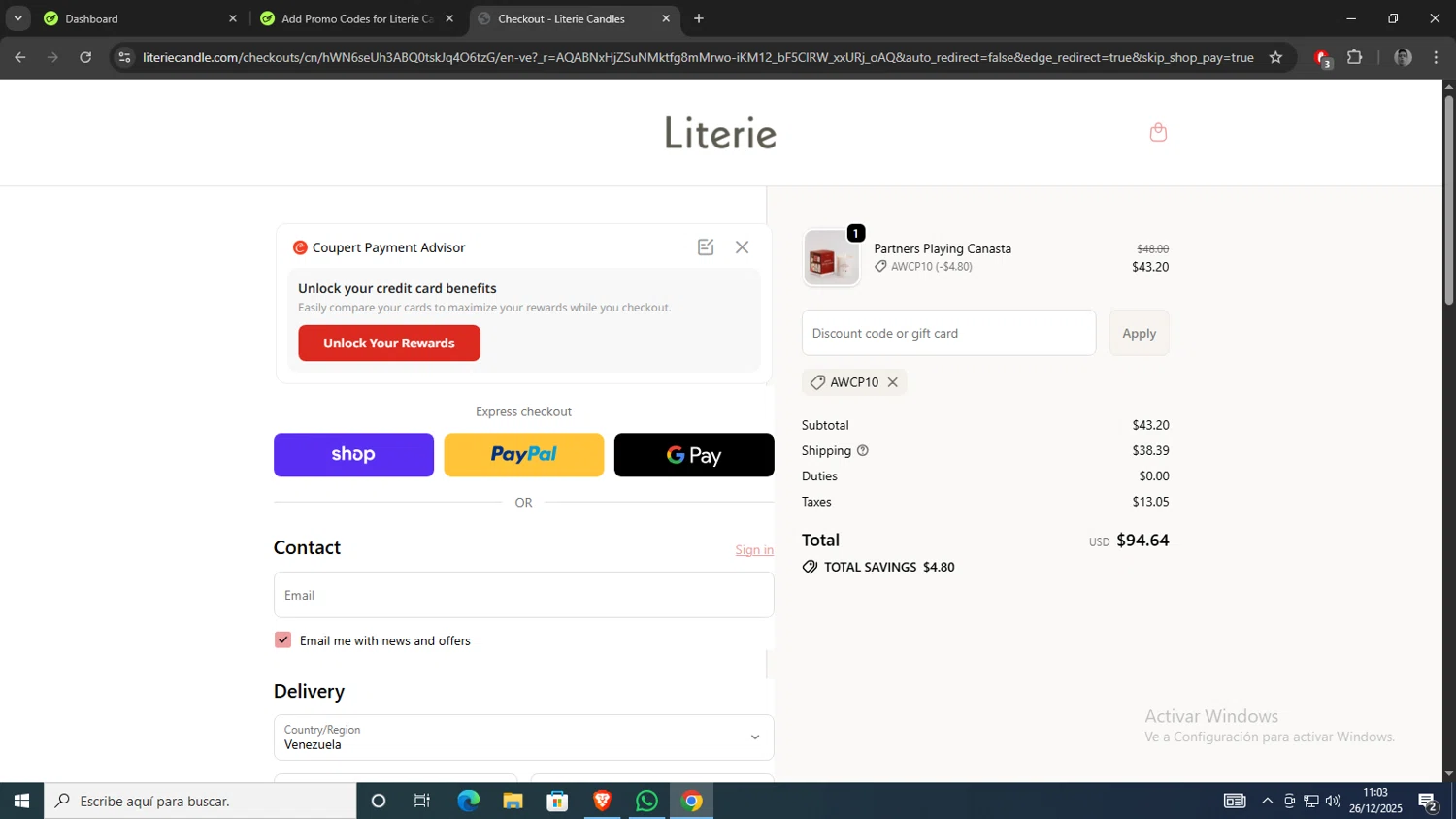 Literie Candle promo code screenshot showing code AWCP10 applied at Literie Candle checkout page. Uploaded by SimplyCodes community member morel09 on Dec 26, 2025