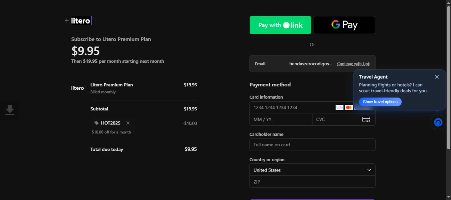 Litero promo code screenshot showing code HOT2025 applied at Litero checkout page. Uploaded by SimplyCodes community member 111111 on Oct 11, 2025