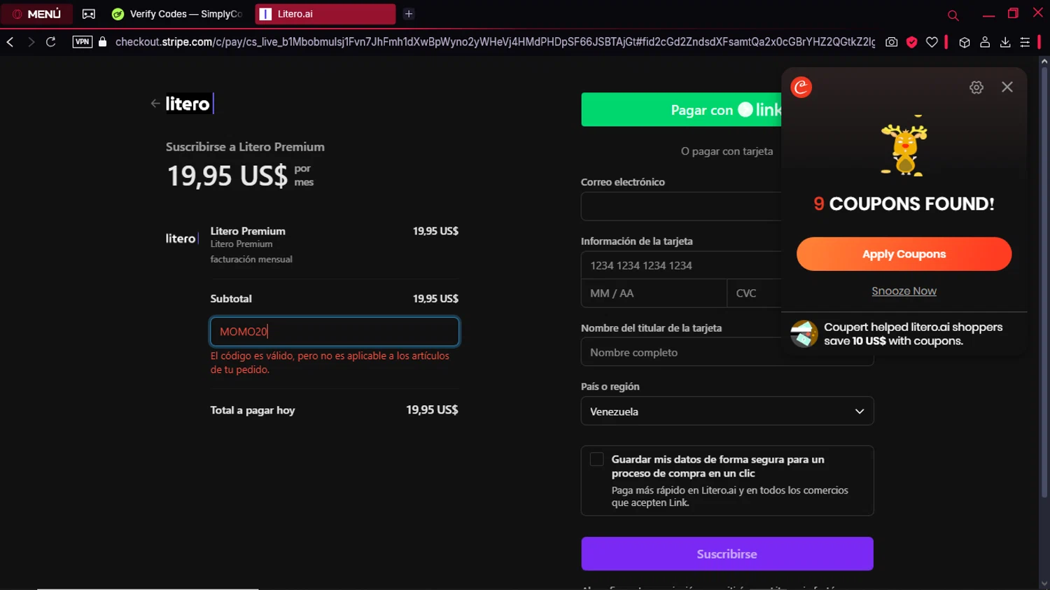 Litero promo code screenshot showing code MOMO20 applied at Litero checkout page. Uploaded by SimplyCodes community member CorrectorDeCupones on Mar 21, 2025