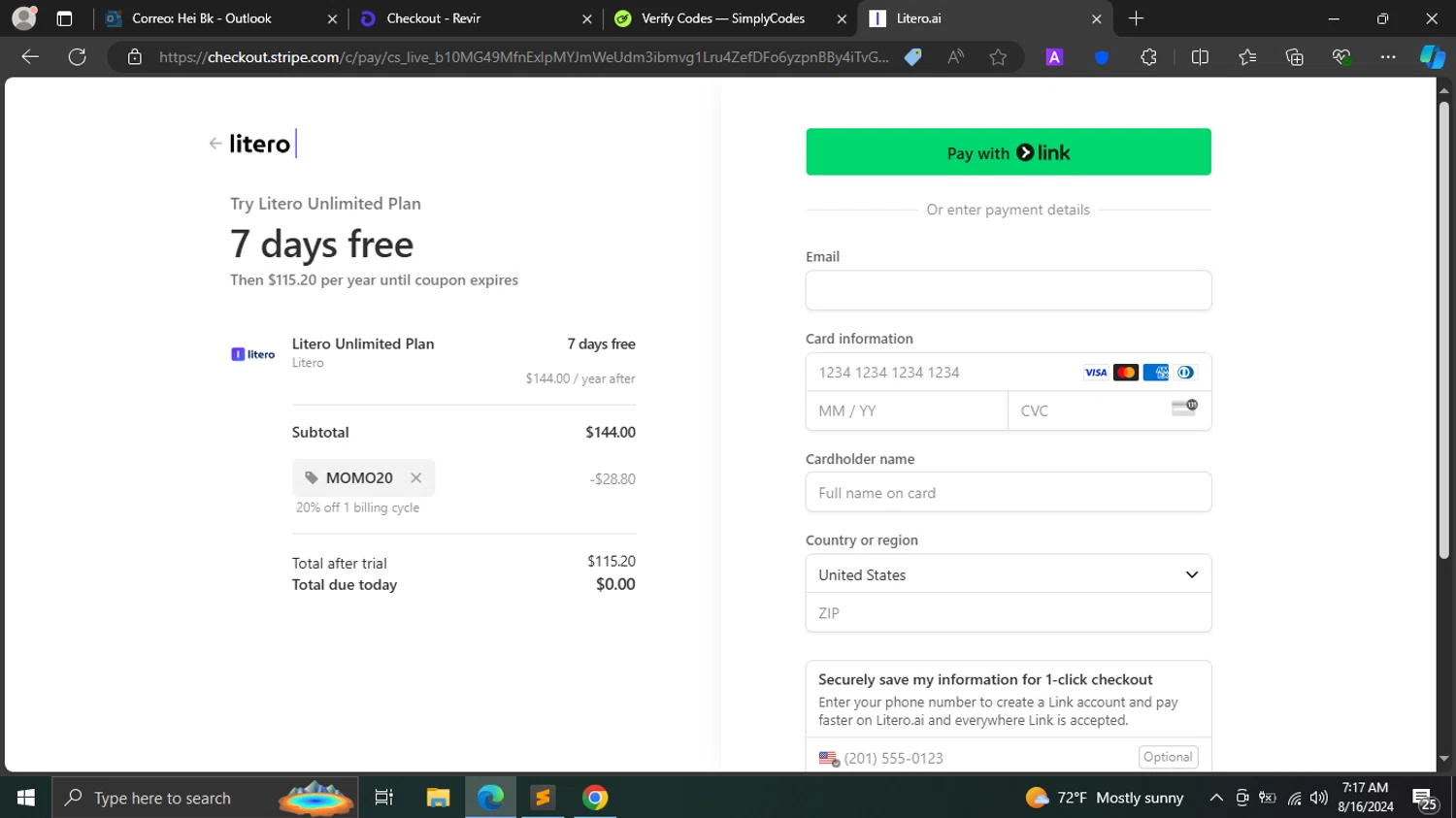 Litero checkout page showing Litero promo code box | Screenshot taken by SimplyCodes community member on Aug 16, 2024
