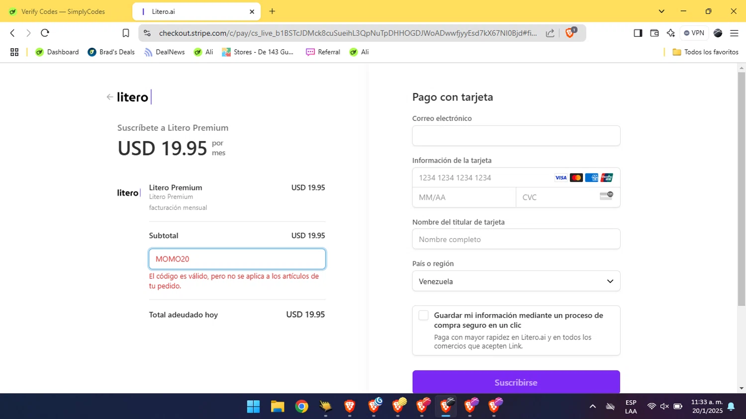 Litero checkout page showing Litero promo code box | Screenshot taken by SimplyCodes community member on Jan 20, 2025