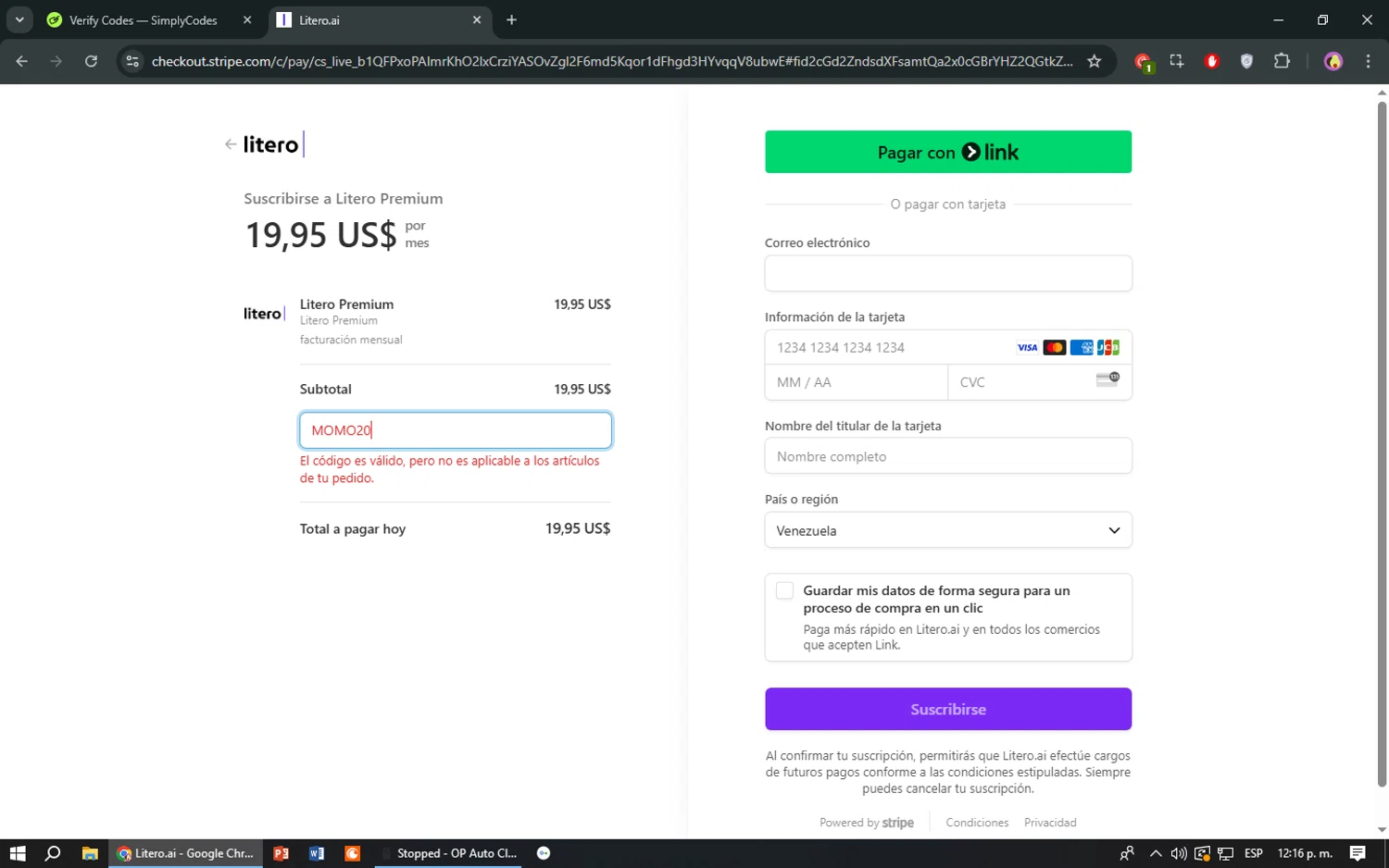 Litero promo code screenshot showing code MOMO20 applied at Litero checkout page. Uploaded by SimplyCodes community member TreasureShopper9156 on Mar 21, 2025
