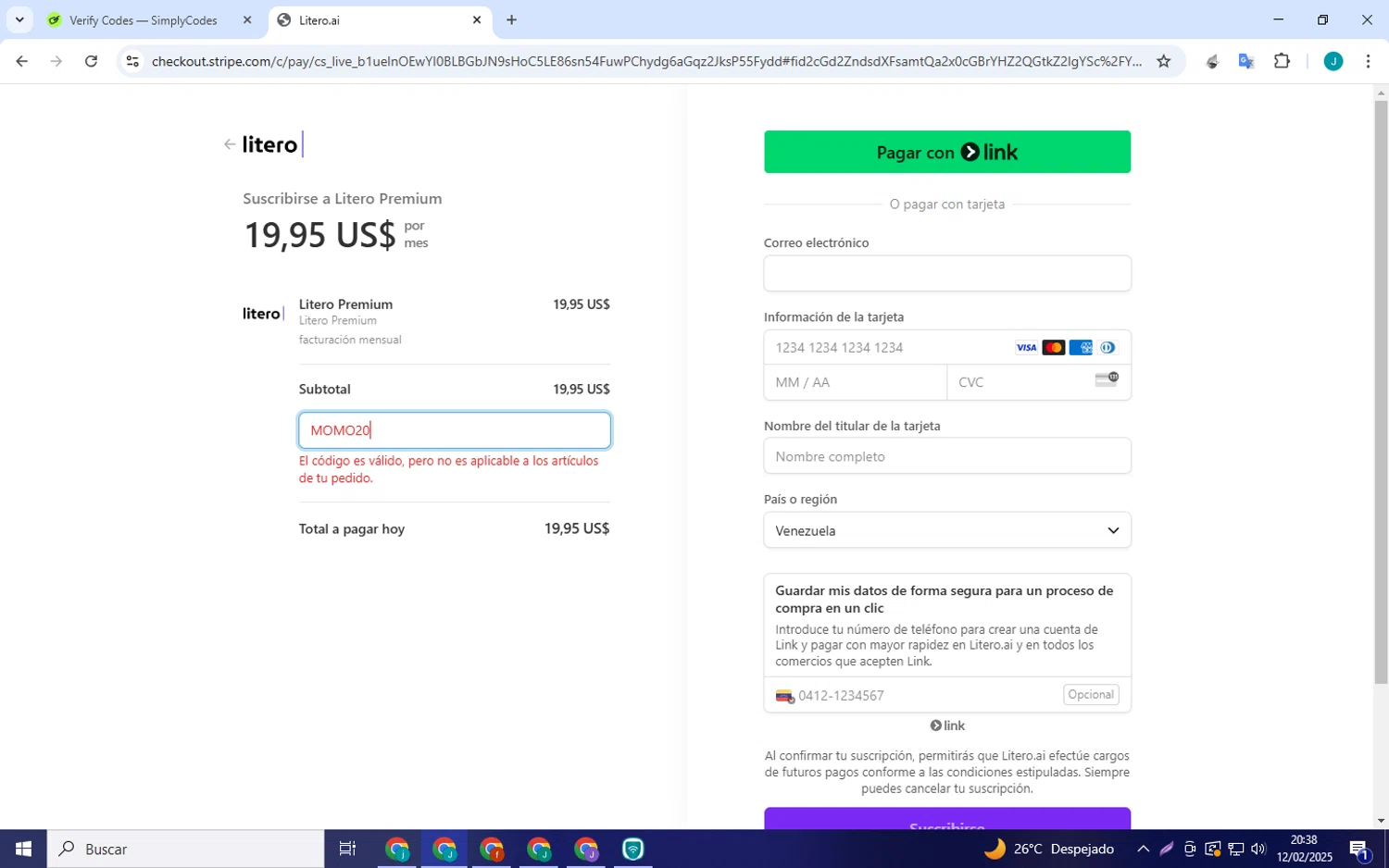 Litero checkout page showing Litero promo code box | Screenshot taken by SimplyCodes community member on Feb 13, 2025