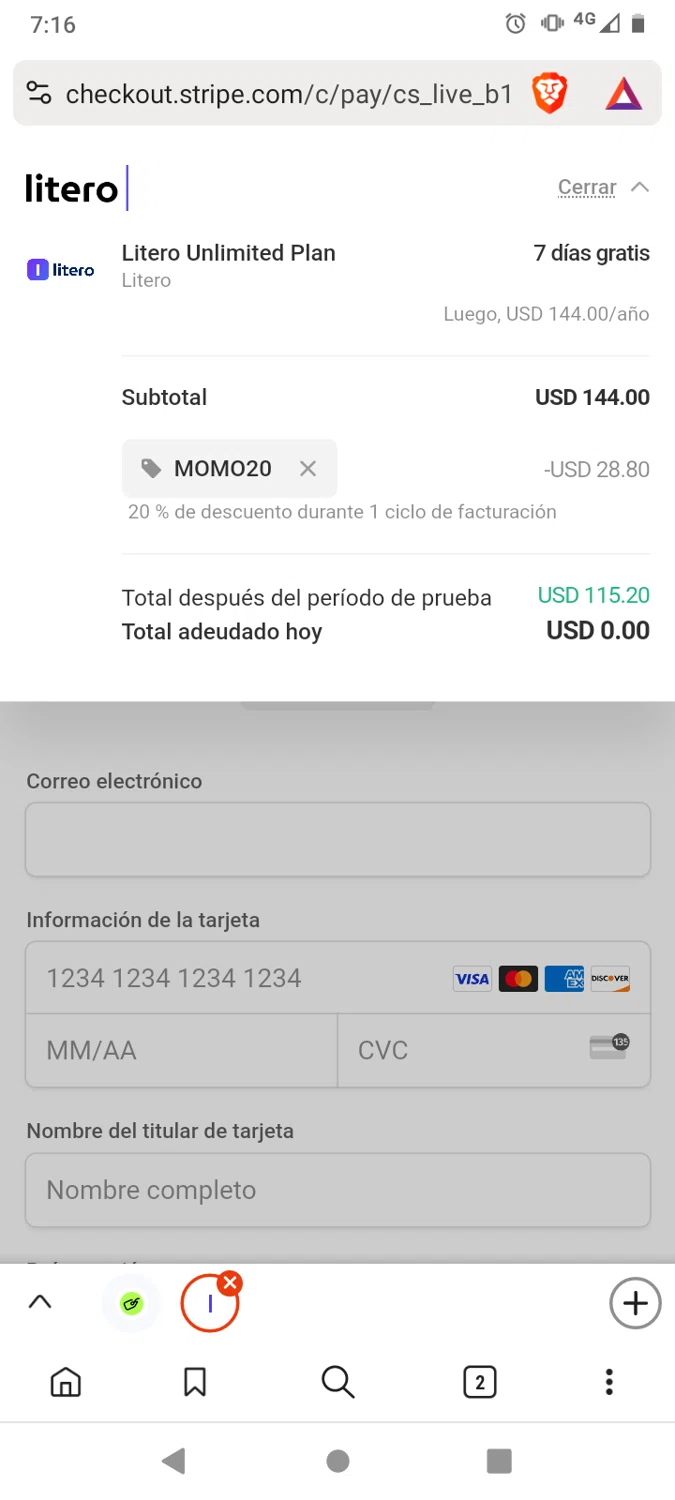 Litero checkout page showing Litero promo code box | Screenshot taken by SimplyCodes community member on Jun 19, 2024