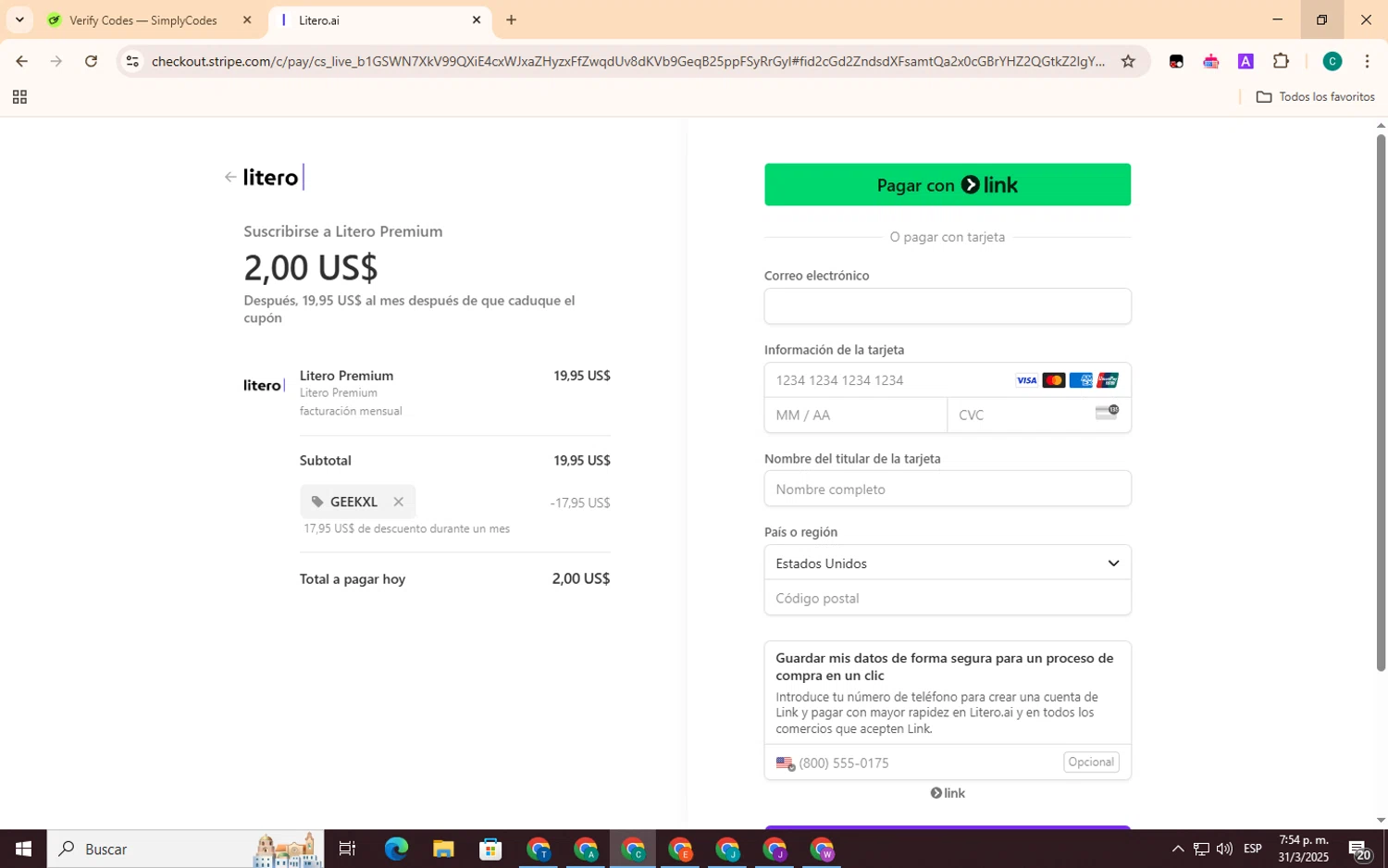 Litero checkout page showing Litero promo code box | Screenshot taken by SimplyCodes community member on Mar 31, 2025