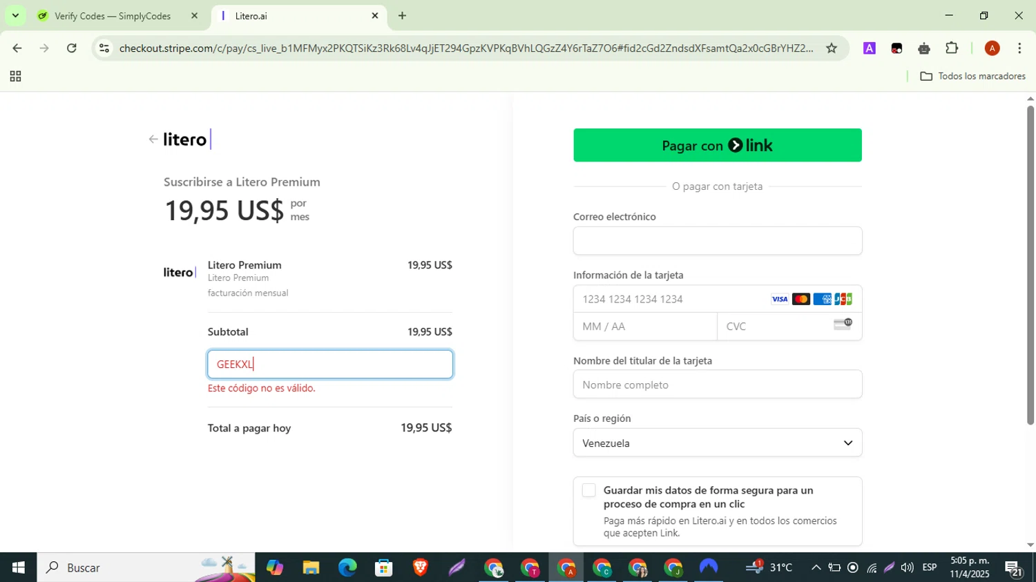 Litero promo code screenshot showing code GEEKxL applied at Litero checkout page. Uploaded by SimplyCodes community member BonusShopper323 on Apr 11, 2025