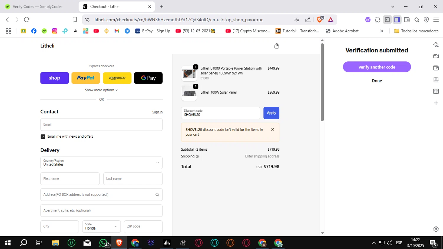 Litheli promo code screenshot showing code SHOVEL20 applied at Litheli checkout page. Uploaded by SimplyCodes community member Sungjinwoo on Oct 3, 2025