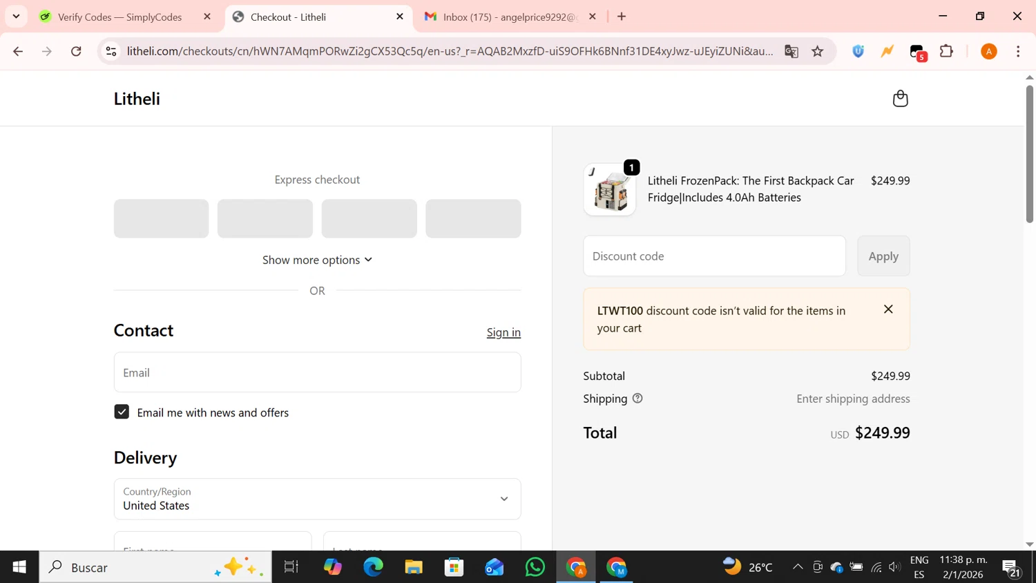 Litheli checkout page showing Litheli promo code box | Screenshot taken by SimplyCodes community member on Jan 3, 2026