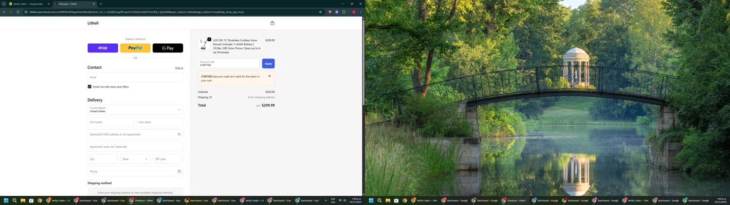 Litheli promo code screenshot showing code LTWT100 applied at Litheli checkout page. Uploaded by SimplyCodes community member ExtraordinaryVirtuoso281 on Nov 25, 2025