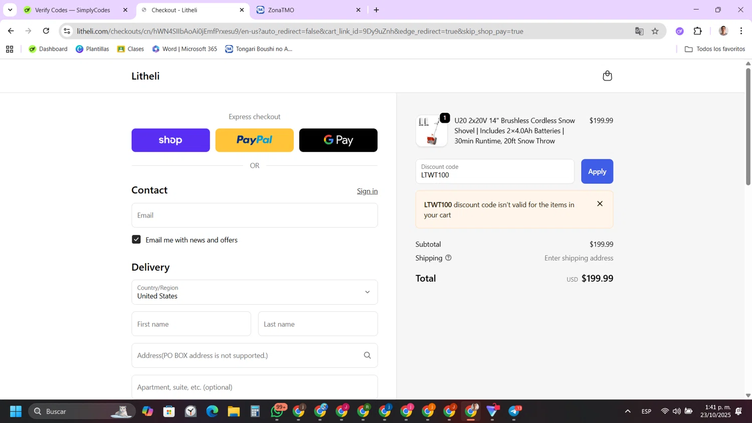 Litheli promo code screenshot showing code LTWT100 applied at Litheli checkout page. Uploaded by SimplyCodes community member FernandoLetex on Oct 23, 2025