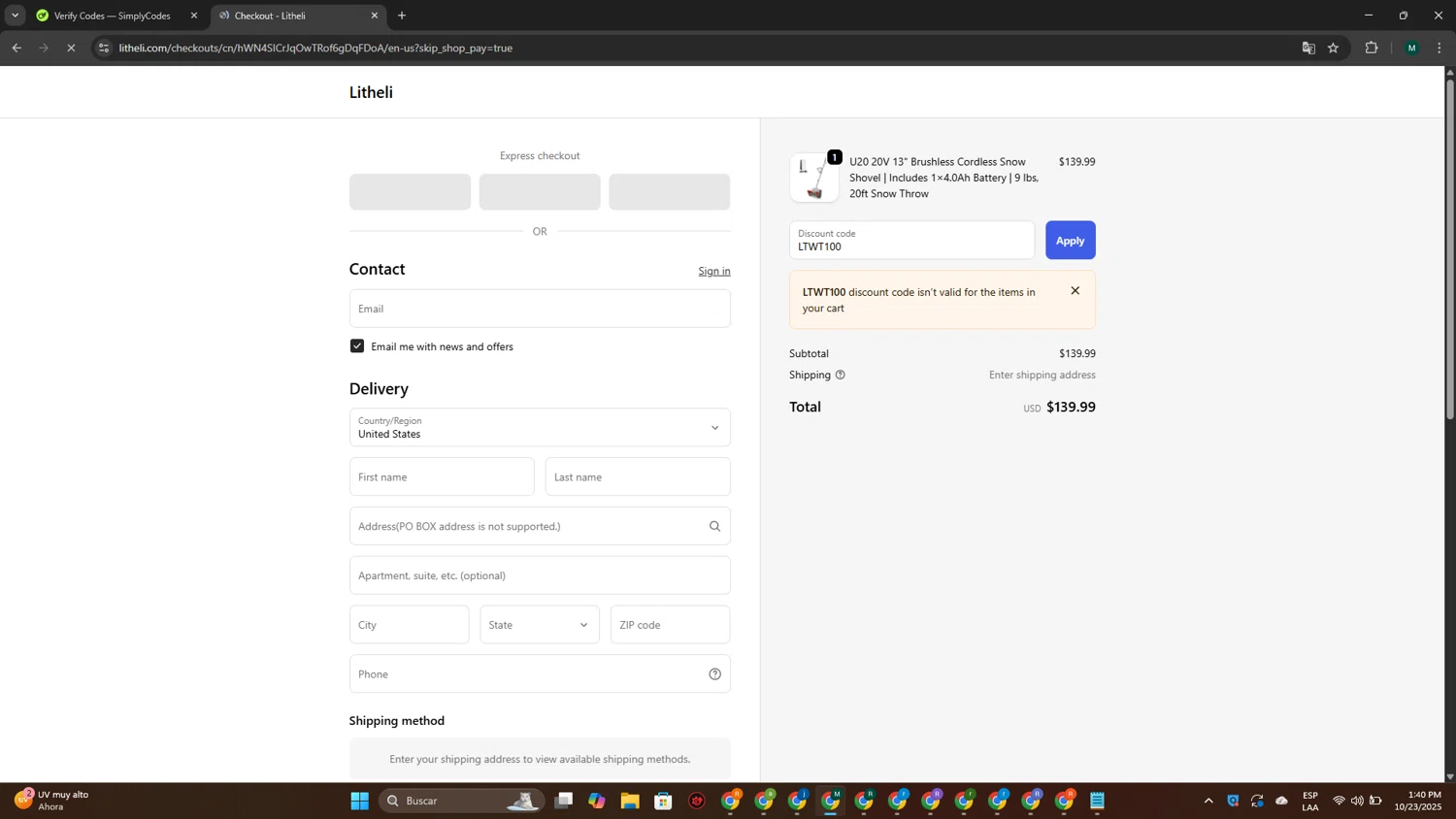 Litheli promo code screenshot showing code LTWT100 applied at Litheli checkout page. Uploaded by SimplyCodes community member MDLECHUZA on Oct 23, 2025