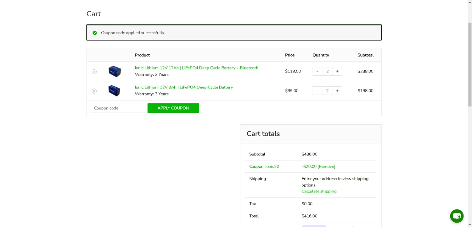 LithiumHub coupon code screenshot showing code IONIC20 applied at LithiumHub checkout page. Uploaded by SimplyCodes community member ExtraordinaryMaven3628 on Oct 10, 2025