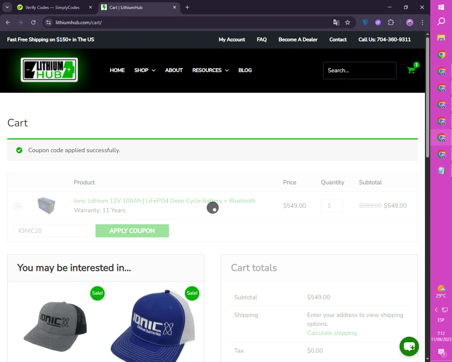 LithiumHub coupon code screenshot showing code IONIC20 applied at LithiumHub checkout page. Uploaded by SimplyCodes community member FortunateScholar4524 on Sep 11, 2025