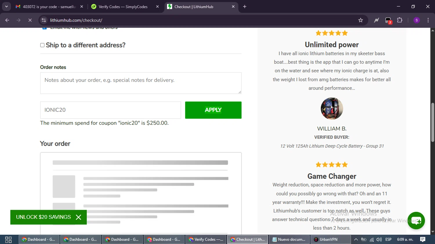 LithiumHub coupon code screenshot showing code IONIC20 applied at LithiumHub checkout page. Uploaded by SimplyCodes community member ShieldWarden7838 on Nov 8, 2025
