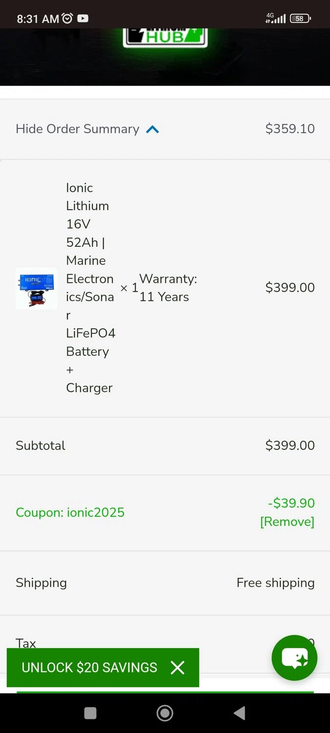 LithiumHub coupon code screenshot showing code Ionic2025 applied at LithiumHub checkout page. Uploaded by SimplyCodes community member CrownLion2750 on Nov 11, 2025