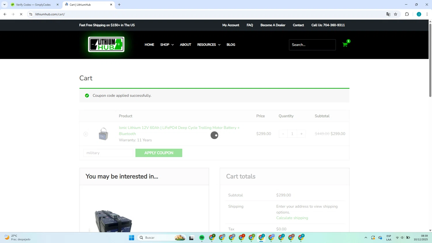 LithiumHub coupon code screenshot showing code military applied at LithiumHub checkout page. Uploaded by SimplyCodes community member Juan_collug on Dec 10, 2025