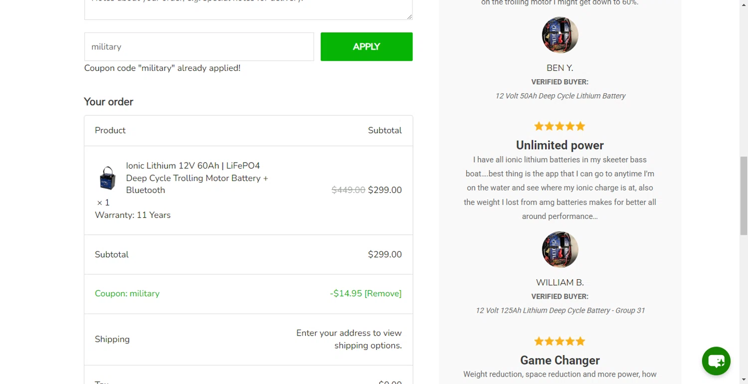 LithiumHub coupon code screenshot showing code military applied at LithiumHub checkout page. Uploaded by SimplyCodes community member RewardLion6202 on Nov 11, 2025