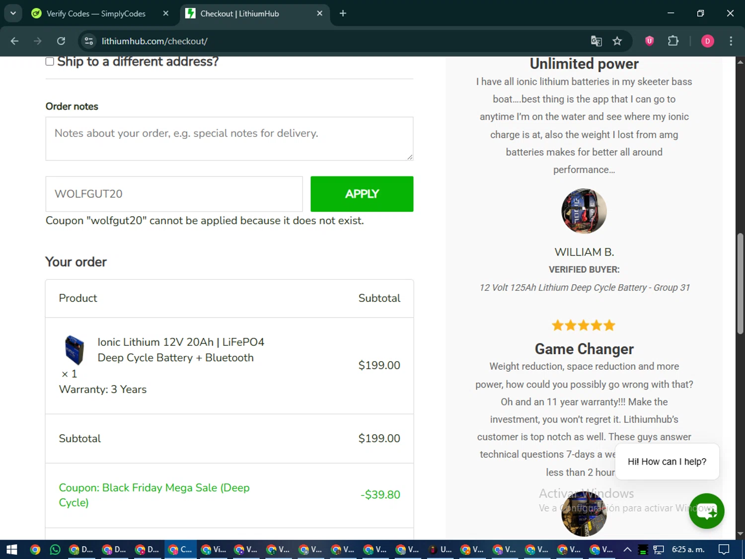LithiumHub coupon code screenshot showing code LHACTNOW20 applied at LithiumHub checkout page. Uploaded by SimplyCodes community member MoneySeeker7165 on Nov 26, 2025