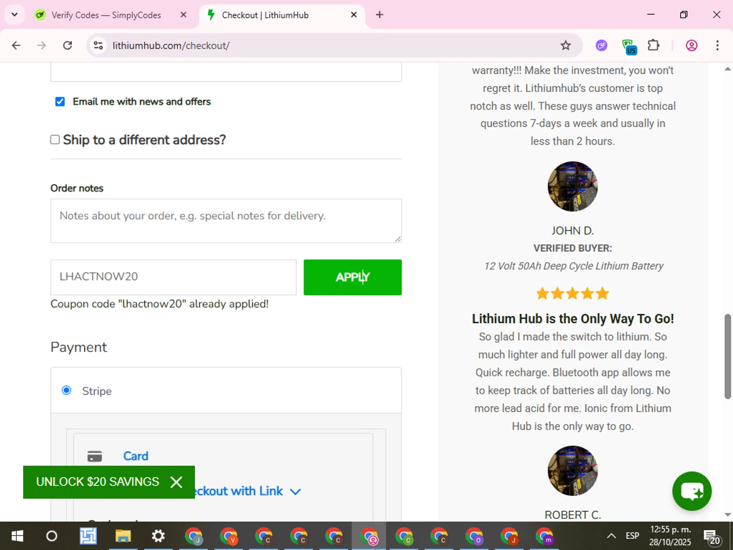 LithiumHub coupon code screenshot showing code LHACTNOW20 applied at LithiumHub checkout page. Uploaded by SimplyCodes community member QuestCurator1644 on Oct 28, 2025