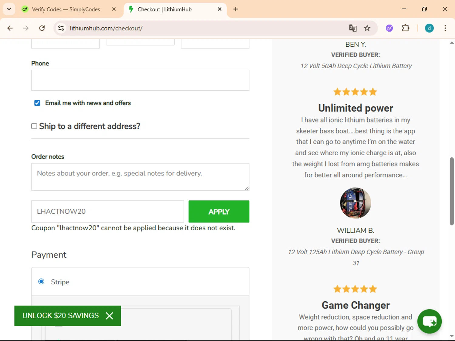LithiumHub coupon code screenshot showing code LHACTNOW20 applied at LithiumHub checkout page. Uploaded by SimplyCodes community member Simpsince95 on Nov 26, 2025
