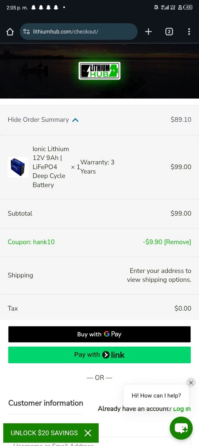LithiumHub coupon code screenshot showing code hank10 applied at LithiumHub checkout page. Uploaded by SimplyCodes community member Nickurtdale on Oct 29, 2025