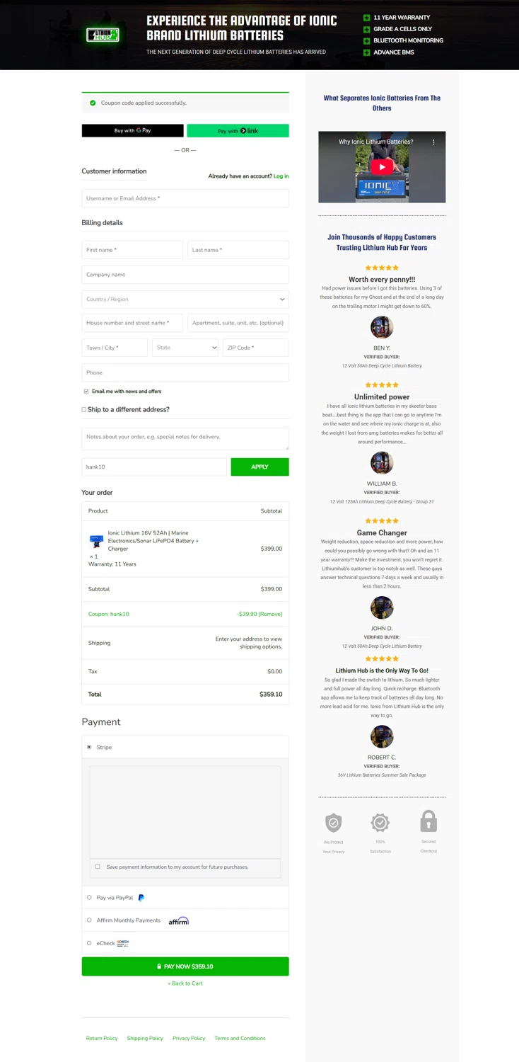 LithiumHub coupon code screenshot showing code hank10 applied at LithiumHub checkout page. Uploaded by SimplyCodes community member Serdanvz on Sep 1, 2025