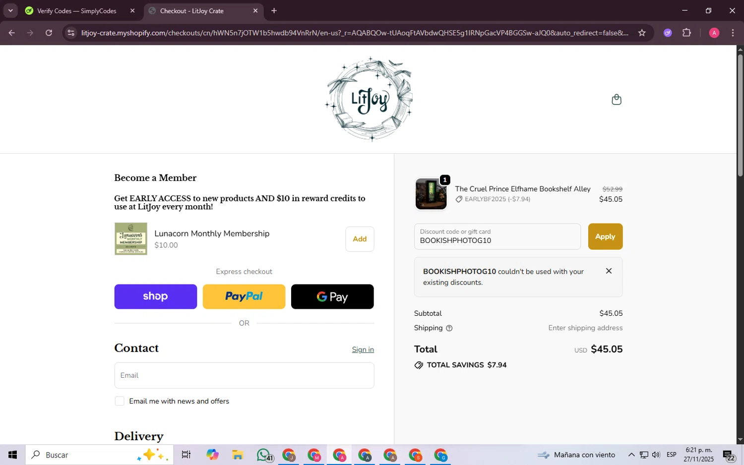 LitJoy Crate promo code screenshot showing code BOOKISHPHOTOG10 applied at LitJoy Crate checkout page. Uploaded by SimplyCodes community member SaleScholar6713 on Nov 27, 2025
