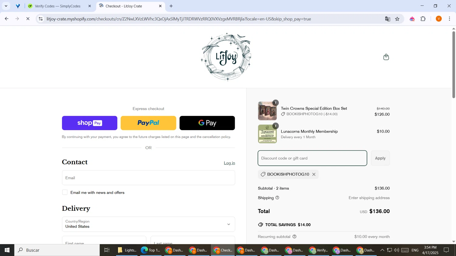LitJoy Crate promo code screenshot showing code BOOKISHPHOTOG10 applied at LitJoy Crate checkout page. Uploaded by SimplyCodes community member CouponTiger763 on Apr 17, 2025