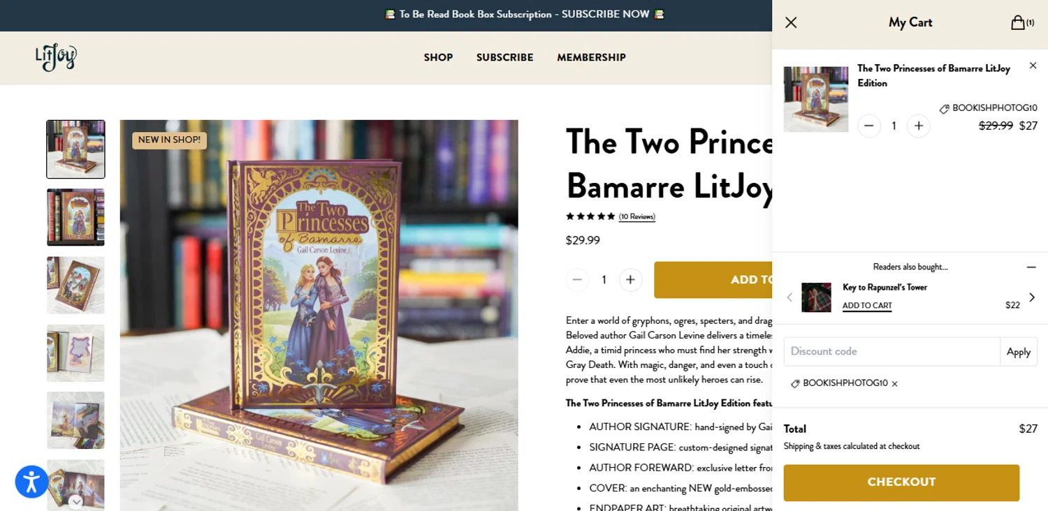 LitJoy Crate promo code screenshot showing code BOOKISHPHOTOG10 applied at LitJoy Crate checkout page. Uploaded by SimplyCodes community member Xiooh29 on Dec 26, 2025