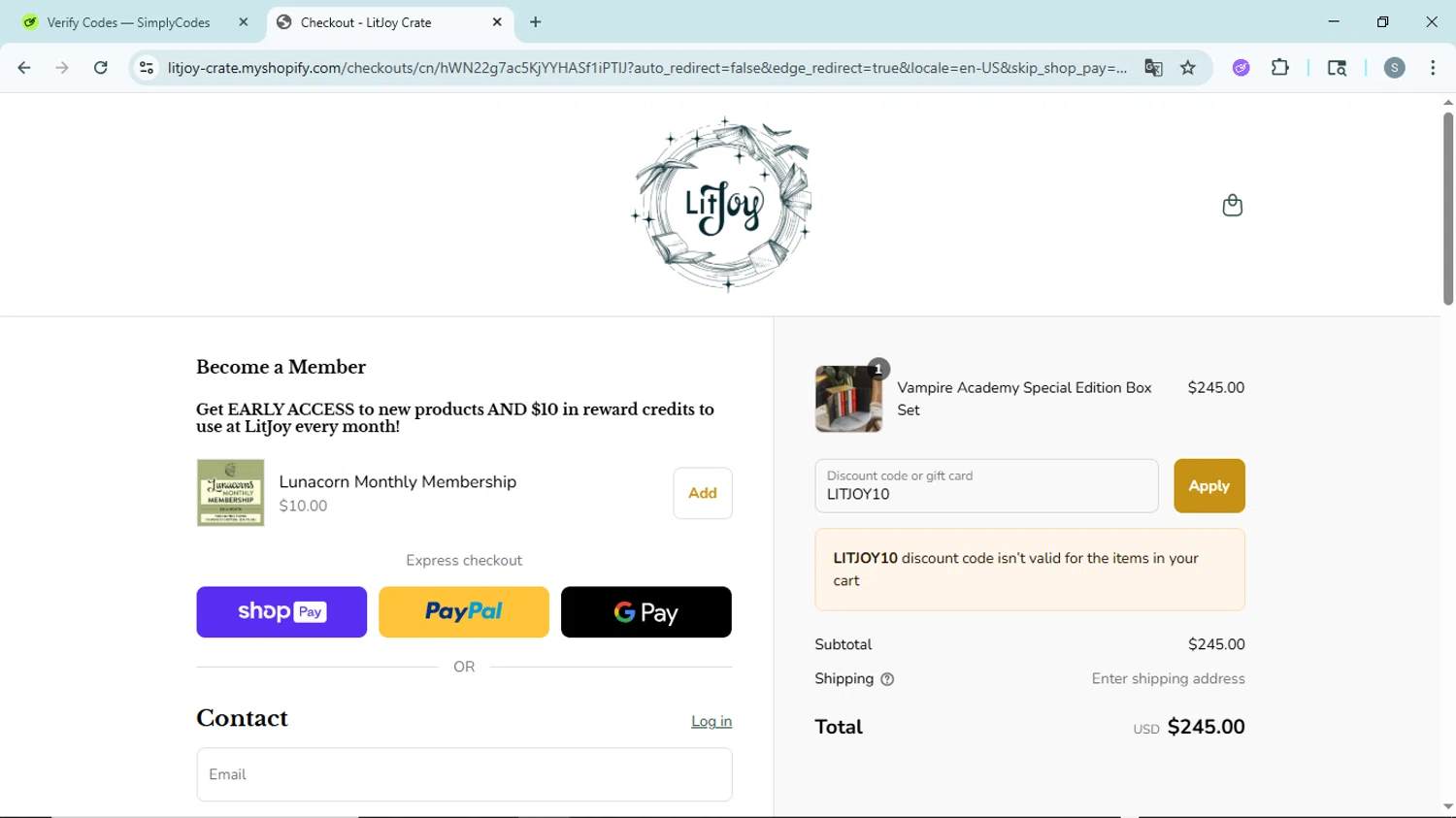 LitJoy Crate promo code screenshot showing code LITJOY10 applied at LitJoy Crate checkout page. Uploaded by SimplyCodes community member EpicScholar6418 on Aug 21, 2025