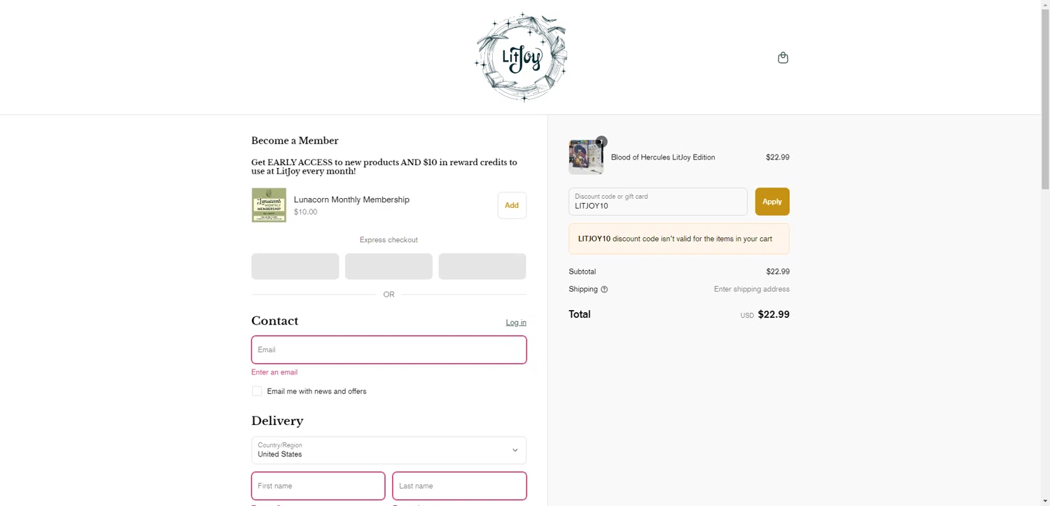 LitJoy Crate promo code screenshot showing code LITJOY10 applied at LitJoy Crate checkout page. Uploaded by SimplyCodes community member ValiantAce1810 on Jul 22, 2025