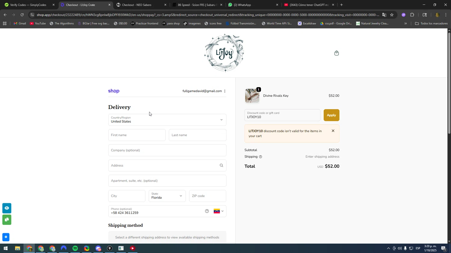 LitJoy Crate promo code screenshot showing code LITJOY10 applied at LitJoy Crate checkout page. Uploaded by SimplyCodes community member DonPollito on Oct 1, 2025