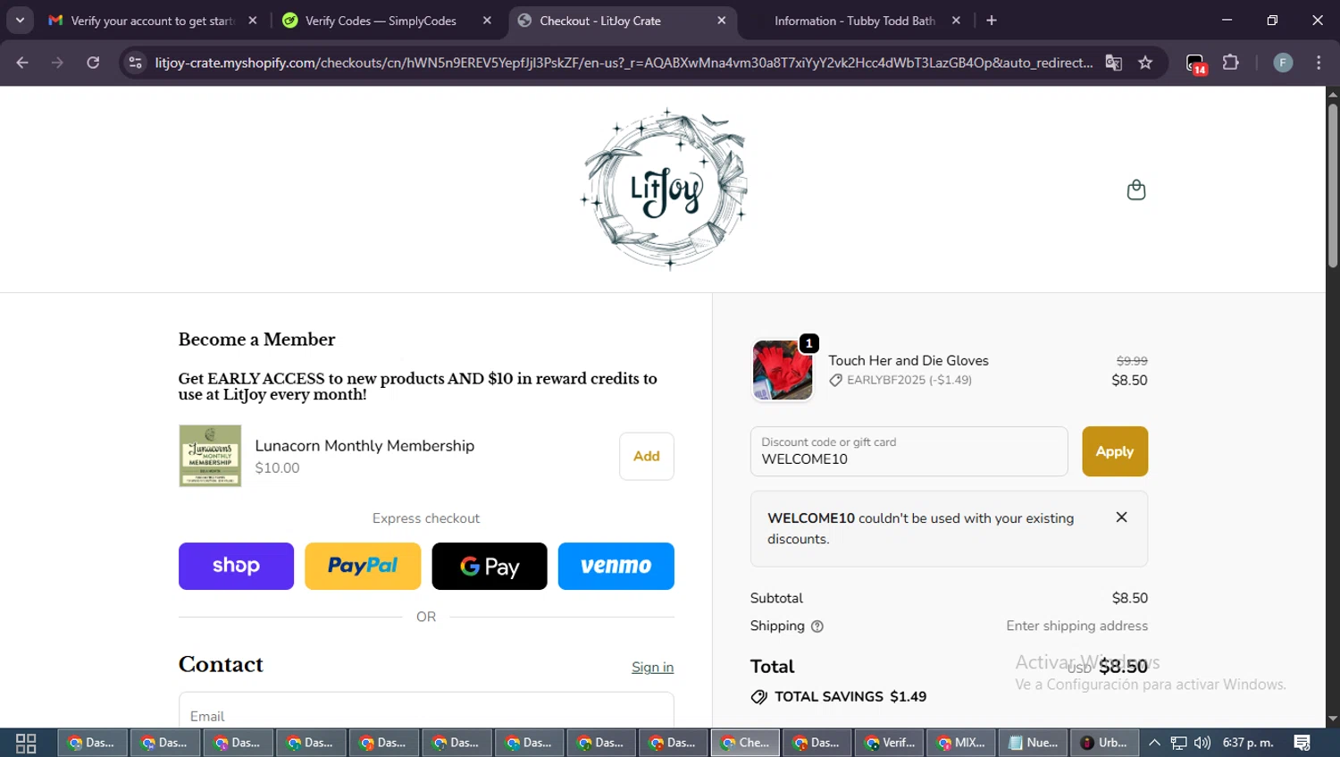 LitJoy Crate promo code screenshot showing code WELCOME10 applied at LitJoy Crate checkout page. Uploaded by SimplyCodes community member DiscountRanger4509 on Nov 27, 2025