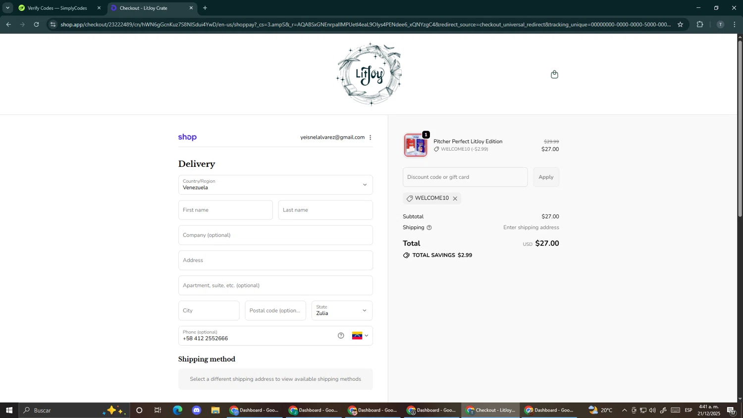 LitJoy Crate promo code screenshot showing code WELCOME10 applied at LitJoy Crate checkout page. Uploaded by SimplyCodes community member Makemusic on Dec 21, 2025