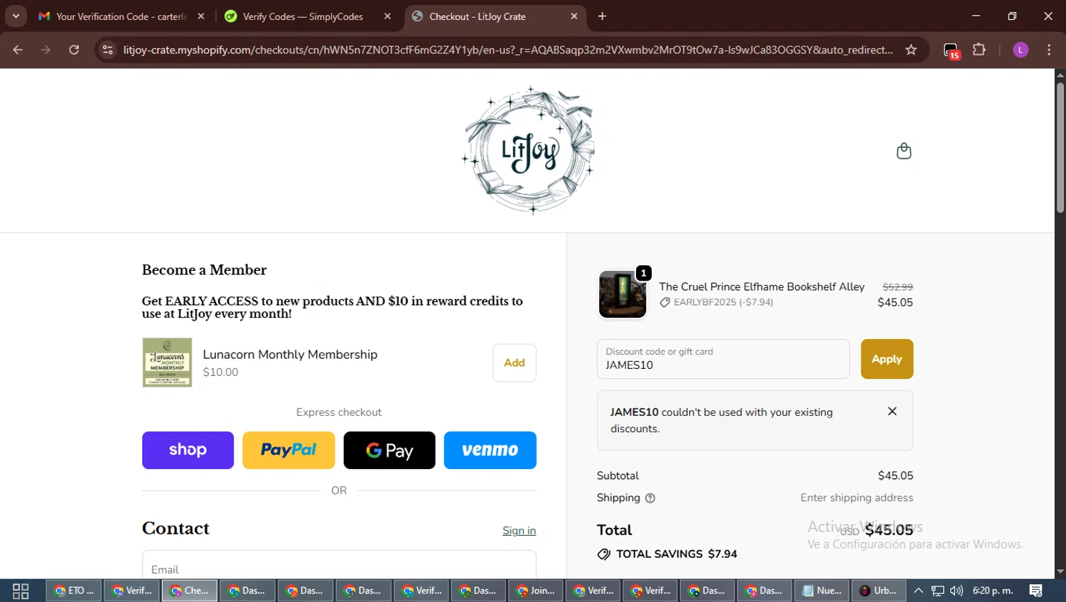 LitJoy Crate promo code screenshot showing code JAMES10 applied at LitJoy Crate checkout page. Uploaded by SimplyCodes community member RewardScout5160 on Nov 27, 2025