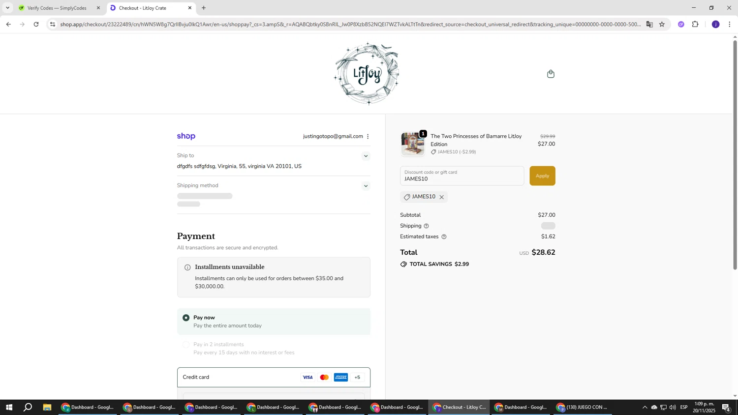 LitJoy Crate promo code screenshot showing code JAMES10 applied at LitJoy Crate checkout page. Uploaded by SimplyCodes community member simplycodesssss on Nov 20, 2025