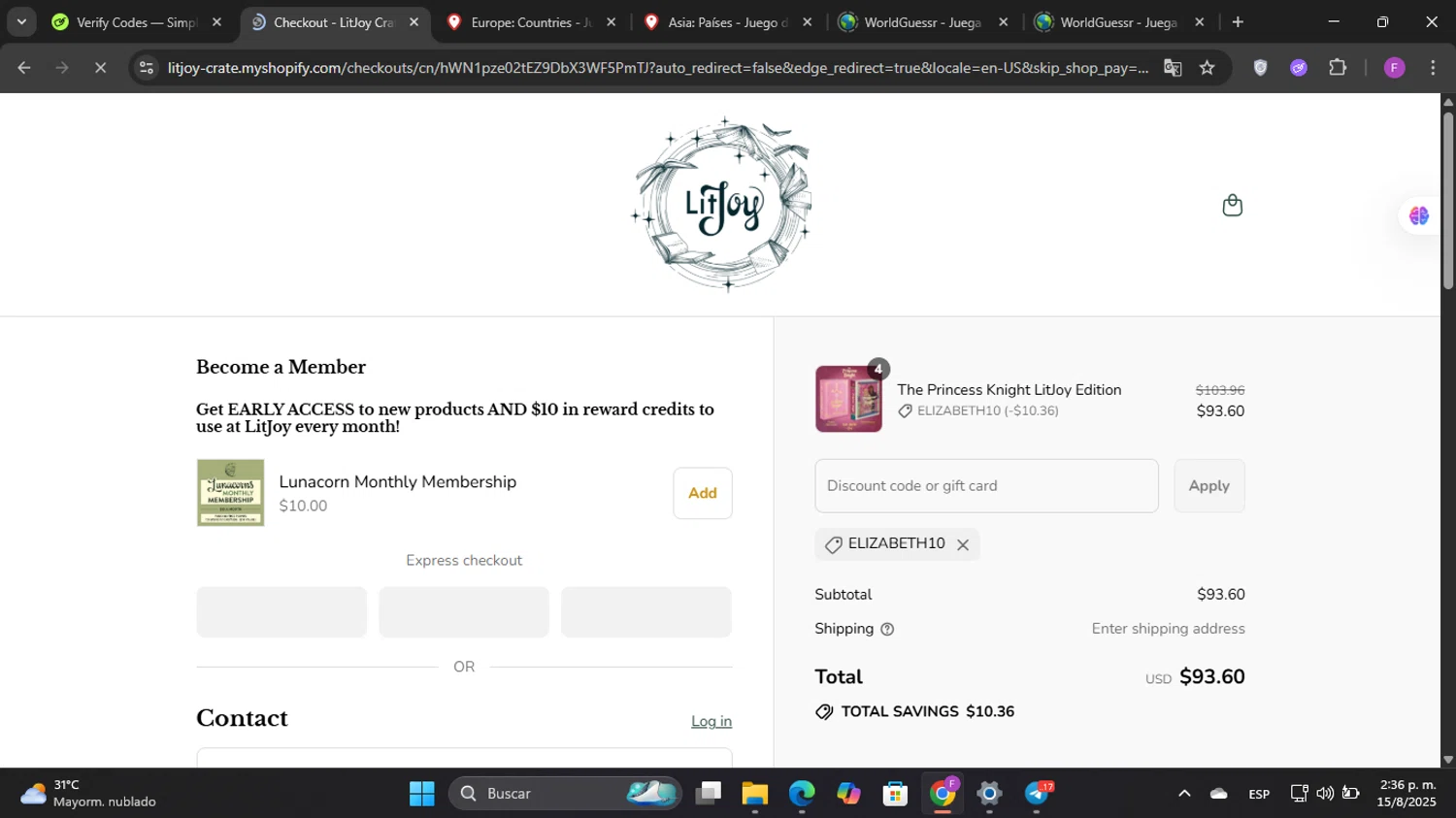 LitJoy Crate promo code screenshot showing code ELIZABETH10 applied at LitJoy Crate checkout page. Uploaded by SimplyCodes community member Elwao0213 on Aug 15, 2025