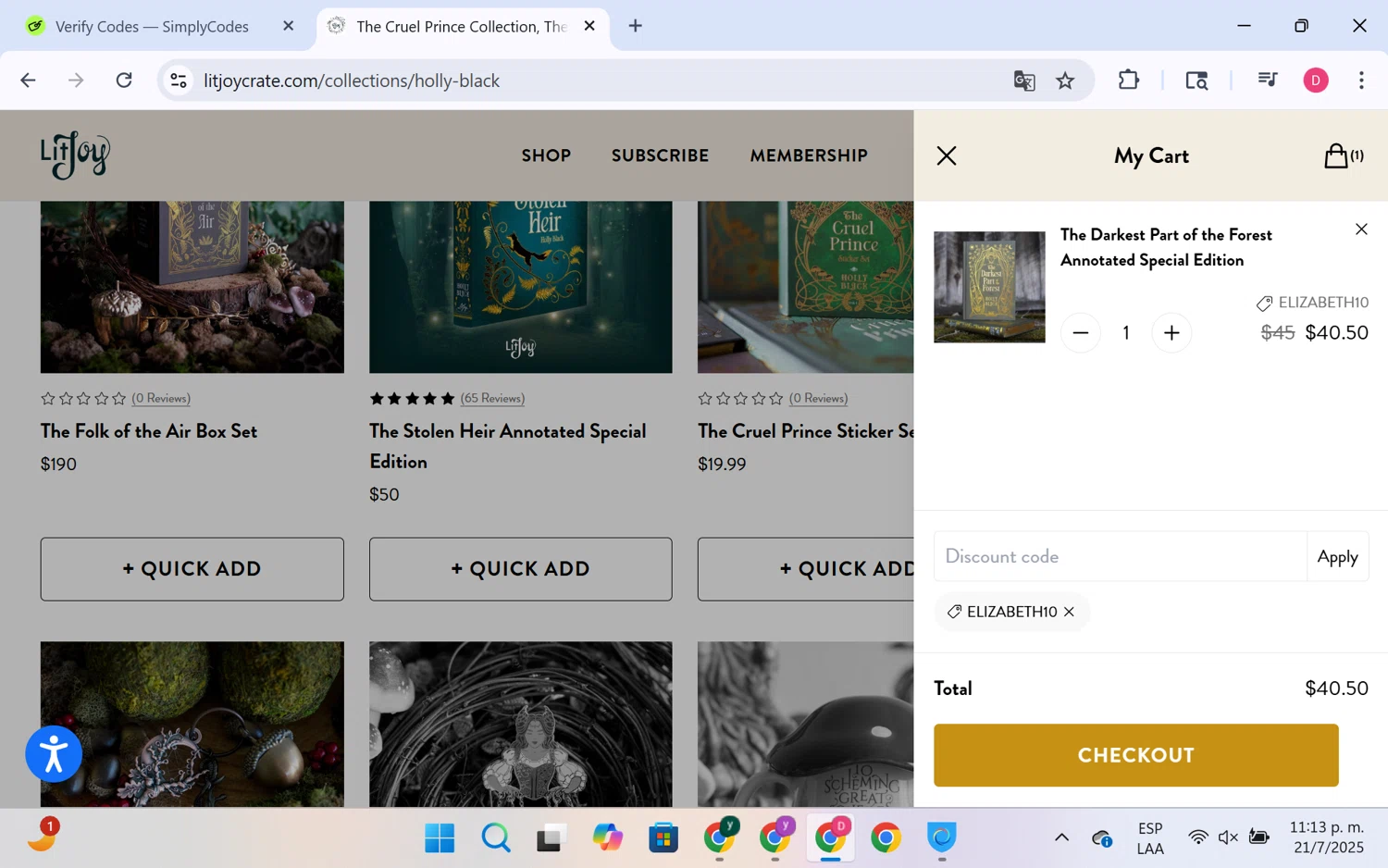 LitJoy Crate promo code screenshot showing code ELIZABETH10 applied at LitJoy Crate checkout page. Uploaded by SimplyCodes community member LuckyHero4650 on Jul 22, 2025