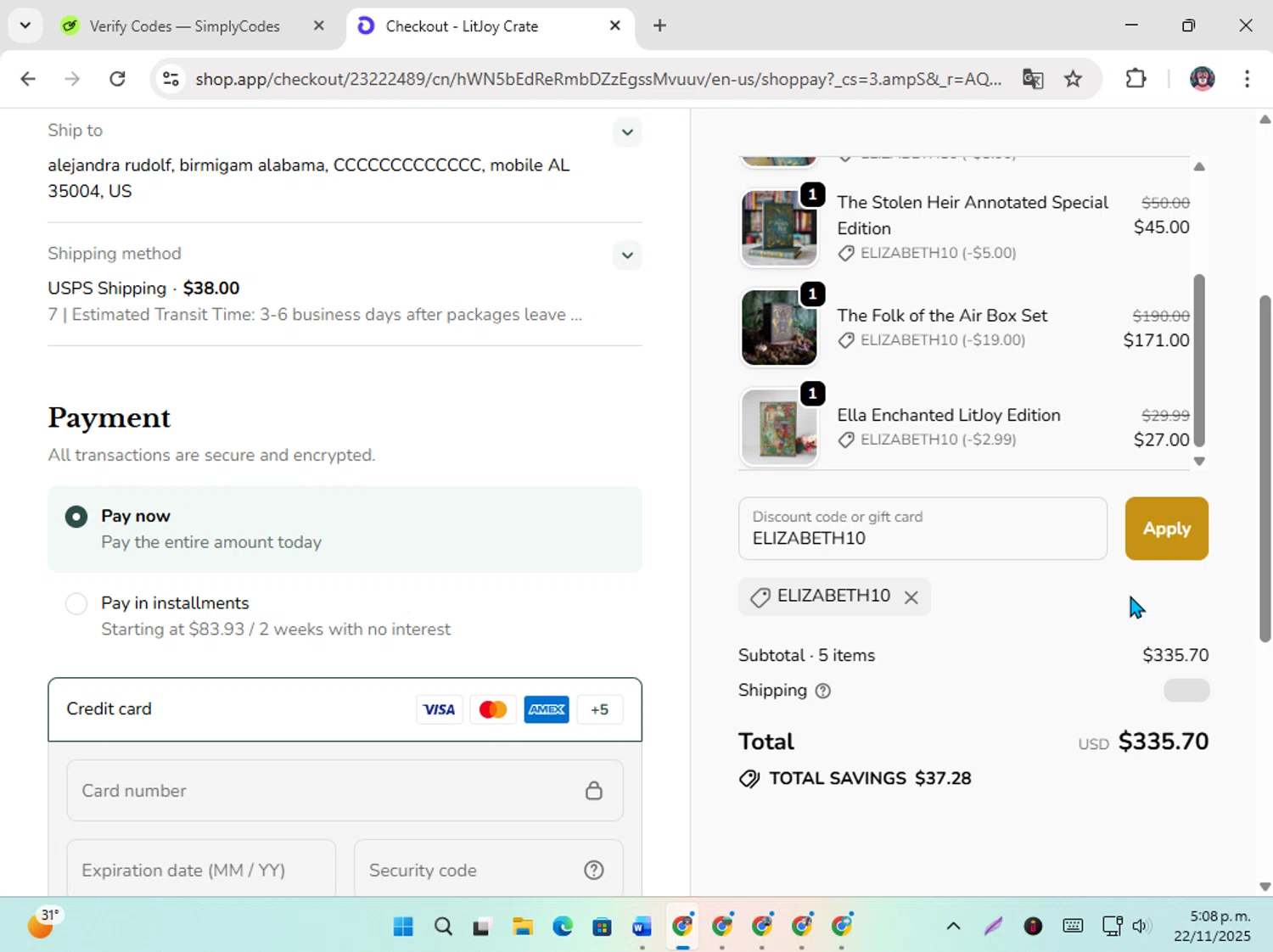 LitJoy Crate promo code screenshot showing code ELIZABETH10 applied at LitJoy Crate checkout page. Uploaded by SimplyCodes community member karoline on Nov 22, 2025