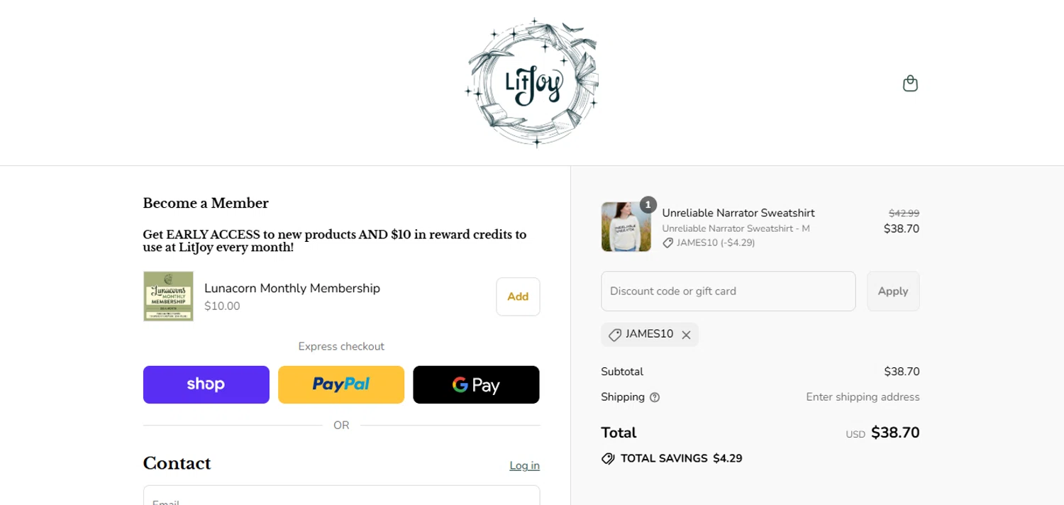 LitJoy Crate promo code screenshot showing code JAMES10 applied at LitJoy Crate checkout page. Uploaded by SimplyCodes community member juanisaac on Aug 29, 2025