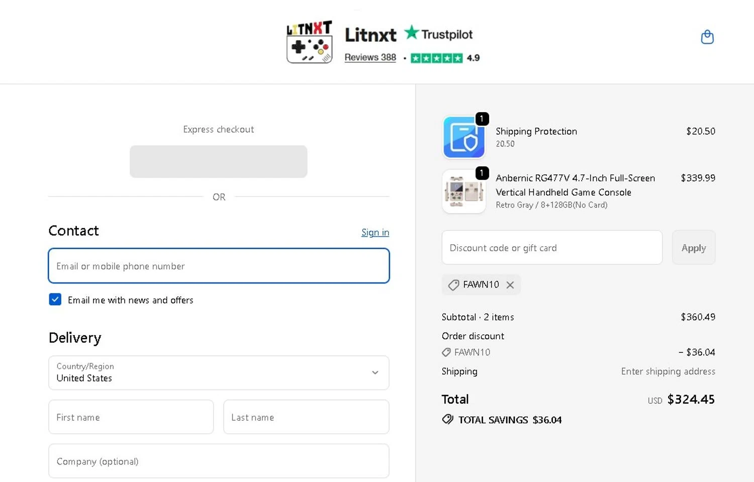 LITNXT promo code screenshot showing code Fawn10 applied at LITNXT checkout page. Uploaded by SimplyCodes community member LAMINEJAMAL on Jan 23, 2026
