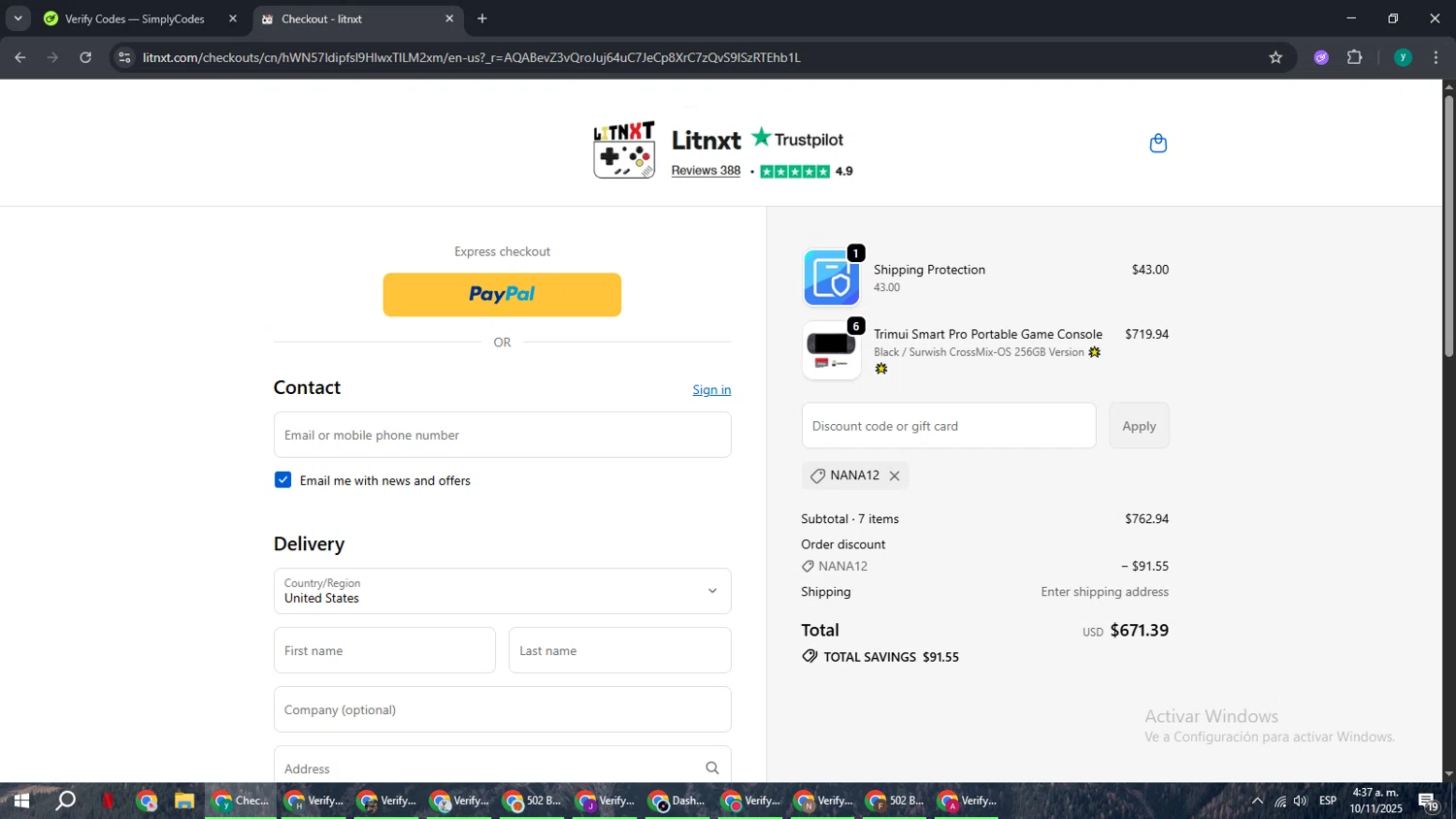 LITNXT coupon code screenshot showing code NANA12 applied at LITNXT checkout page. Uploaded by SimplyCodes community member FrugalCaptain6906 on Nov 10, 2025
