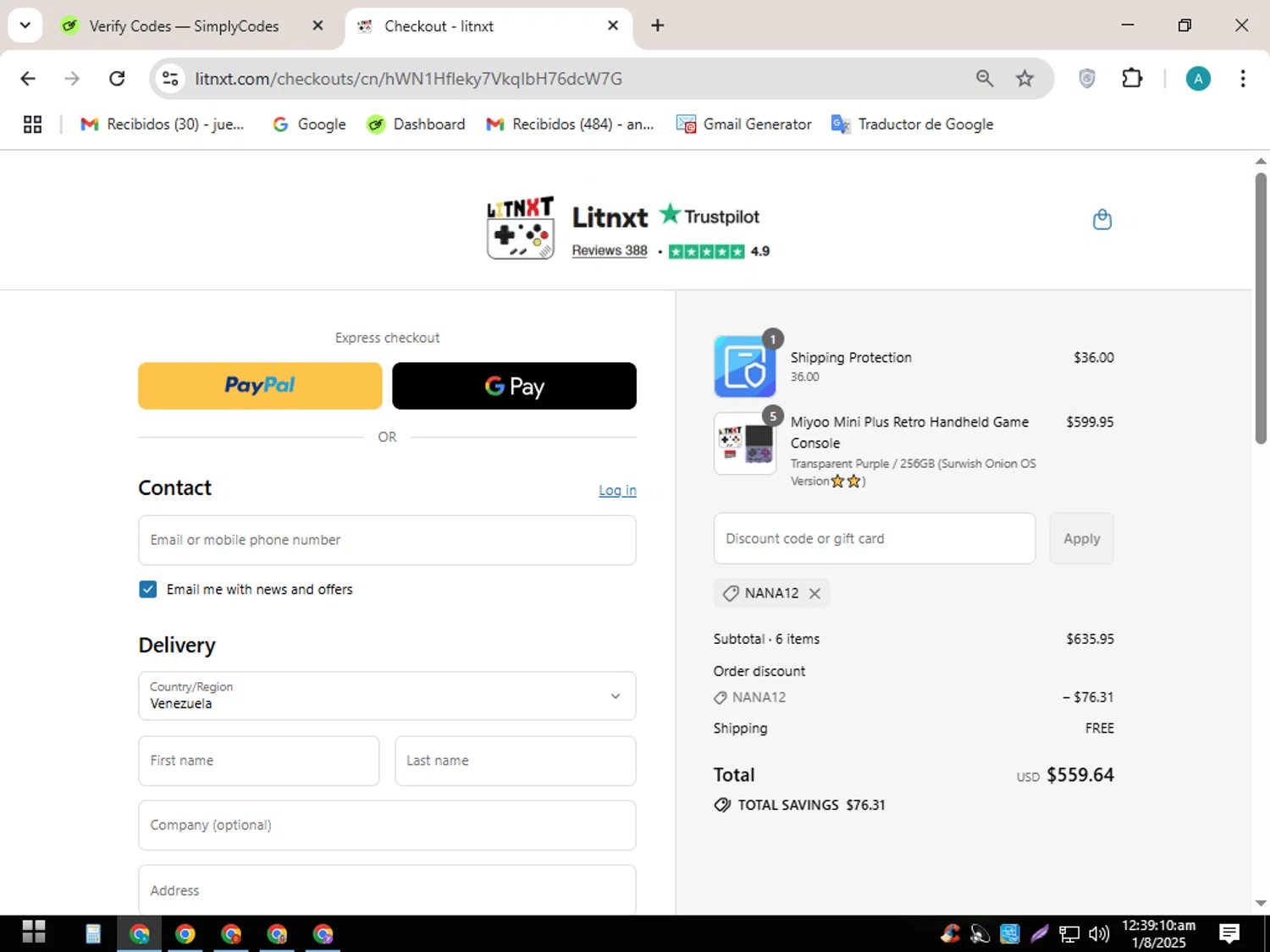 LITNXT coupon code screenshot showing code NANA12 applied at LITNXT checkout page. Uploaded by SimplyCodes community member SavingsScout358 on Aug 1, 2025