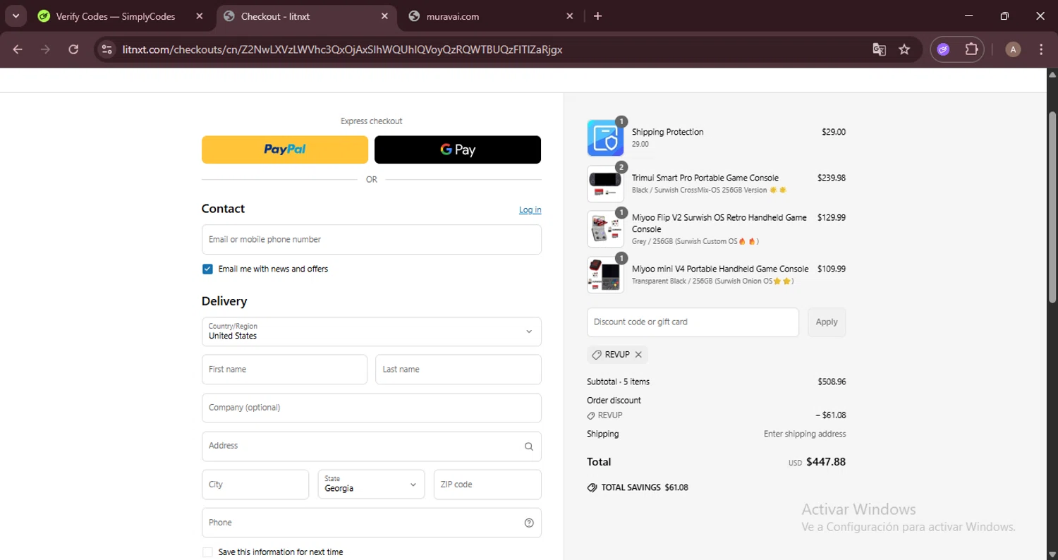 LITNXT coupon code screenshot showing code REVUP applied at LITNXT checkout page. Uploaded by SimplyCodes community member GoldRanger7896 on Jun 16, 2025